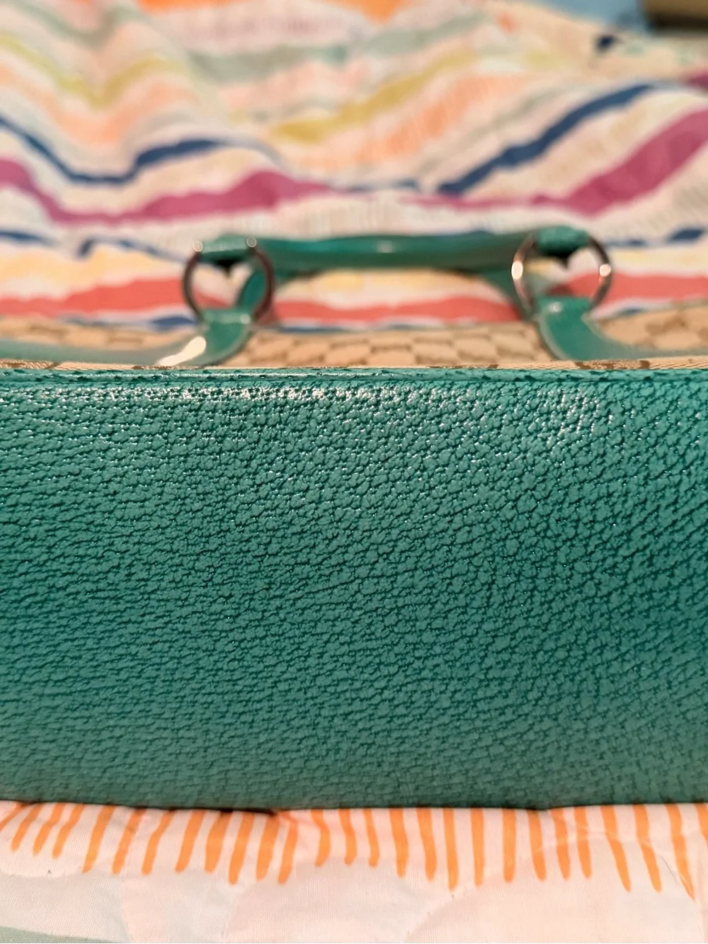 Gucci Abbey Tote   Beige GG Canvas Tote with Teal Leather Accents